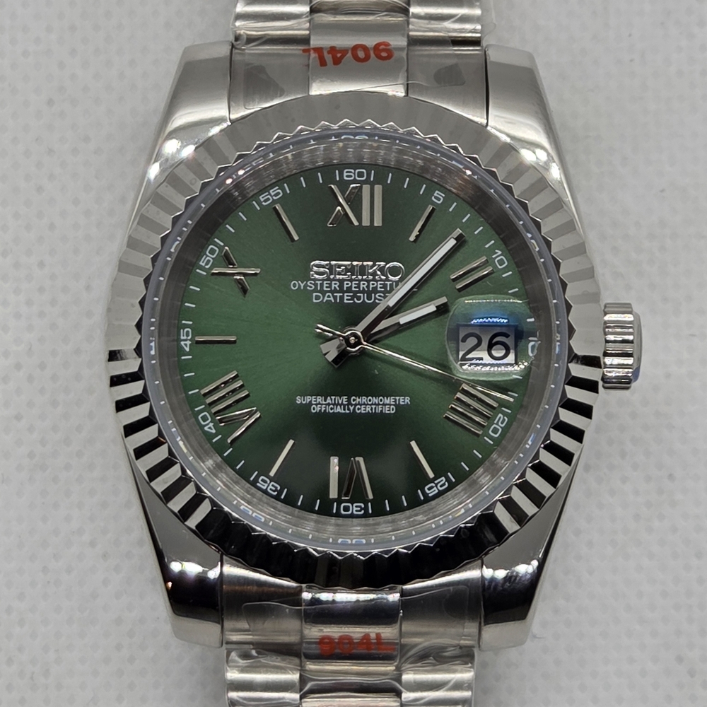 Custom 39mm Automatic Seiko Mod Watch NH35 Presidential Stainless Steel w/ Green